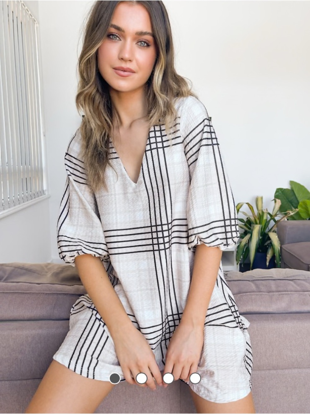 ASOS DESIGN textured mini swing dress in cream and black check print Size 14